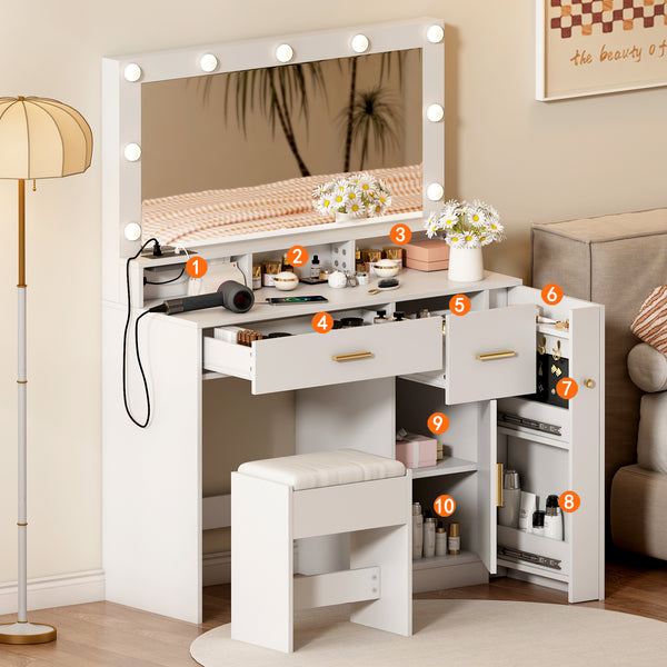 Makeup Vanity Desk with Lights and Mirror, 40.6'' White Vanity with 2 Drawers&Power Outlet, 3 Color Lighting Mode, Sliding Jewelry Storage, Bedroom Vanity Desk for Women, Girls