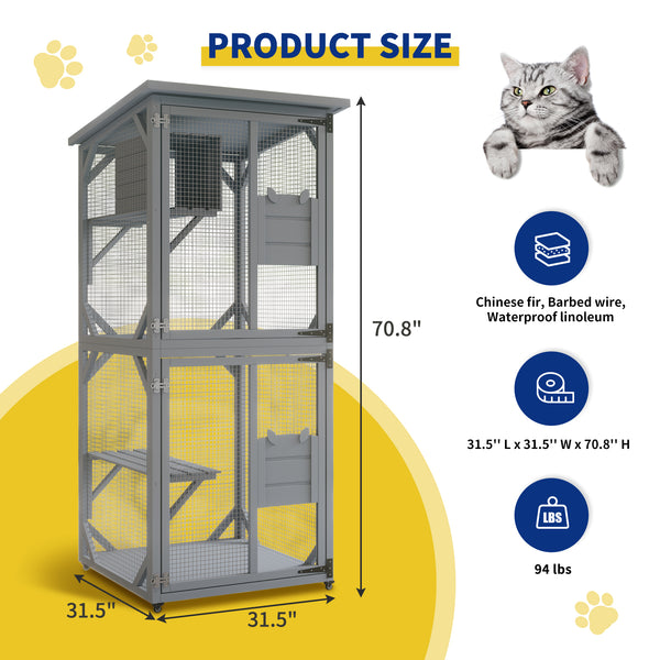 Outdoor Cat Enclosure with 3 Platforms, Outdoor Cat House with Fir Wood, 4 * 360° Wheels(3-Platform)