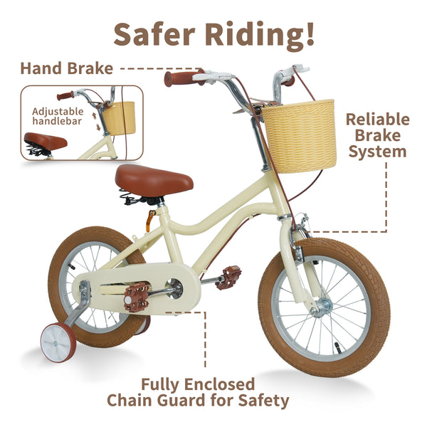 Kids Bike, 14 16 20 inch Girls Bike for 5-14 Girls with Training Wheels, Kickstand, Retro Design Kids' Bicycles with Basket, Girls Bicycle