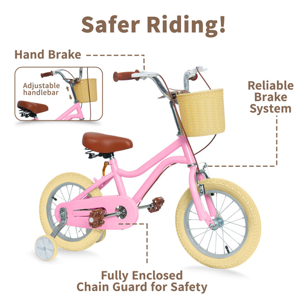 Kids Bike, 14 16 20 inch Girls Bike for 5-14 Girls with Training Wheels, Kickstand, Retro Design Kids' Bicycles with Basket, Girls Bicycle