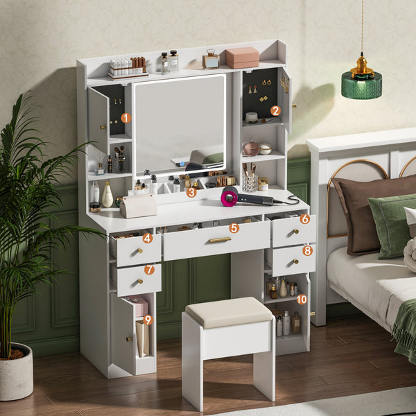 Makeup Vanity Desk with Lights and Mirror, 41.3" Modern White Vanity with 5 Drawers&Power Outlet, 3 Color Lighting Mode, Bedroom Vanity Desk for Women, Girls