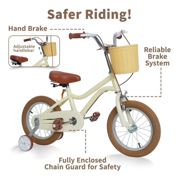 Kids Bike, 14 16 20 inch Girls Bike for 5-14 Girls with Training Wheels, Kickstand, Retro Design Kids' Bicycles with Basket, Girls Bicycle