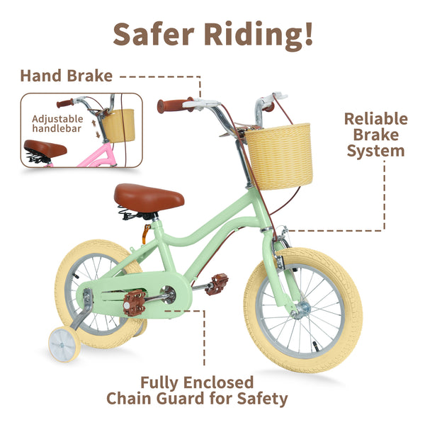 Kids Bike, 14 16 20 inch Girls Bike for 5-14 Girls with Training Wheels, Kickstand, Retro Design Kids' Bicycles with Basket, Girls Bicycle