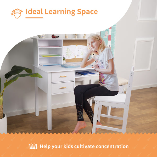 linor Kids Desk and Chair Set, Wooden Children Study Table with Hutch/Drawer & Bulletin Board, Student Study Desks Computer Desk Art Desk for Bedroom Study Room
