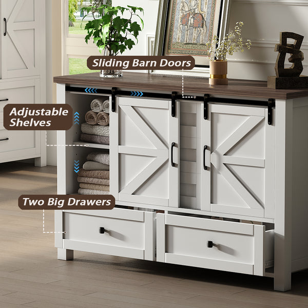 48" Farmhouse w/5 Drawers & 2 Sliding Barn Doors, Dressers& Chests of Drawers, 5 Drawer Dresser TV Stand for Bedroom, Living Room