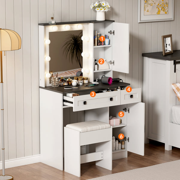 Makeup Vanity Desk with Lights and Mirror, 31.5" Farmhouse White Vanity with 2 Drawers&Power Outlet, 3 Color Lighting Mode, Bedroom Vanity Desk for Women, Girls