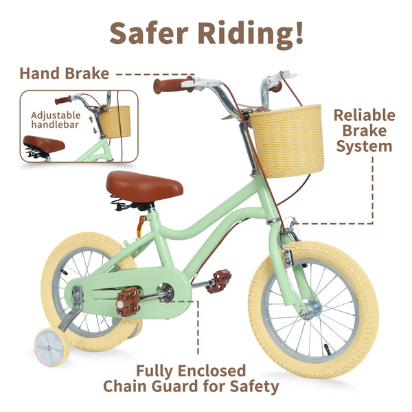 Kids Bike, 14 16 20 inch Girls Bike for 5-14 Girls with Training Wheels, Kickstand, Retro Design Kids' Bicycles with Basket, Girls Bicycle