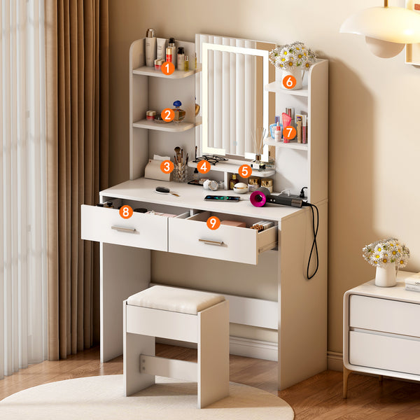 Makeup Vanity Desk with Lights and Mirror, 35.4" Modern White Vanity with 2 Drawers&Power Outlet, 3 Color Lighting Mode, Bedroom Vanity Desk for Women, Girls