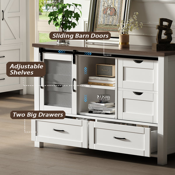 48" Farmhouse w/6 Drawers & Sliding Barn Doors, White Dressers& Chests of Drawers, 6 Drawer Dresser TV Stand for Bedroom, Living Room