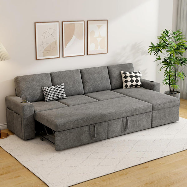 Pipleo 103" L-Shaped Sectional Sleeper Sofa Bed with Storage Chaise, Reversible 2-in-1 Design, Quick Tool-Free Assembly, Cup Holders & Side Pockets, Chenille