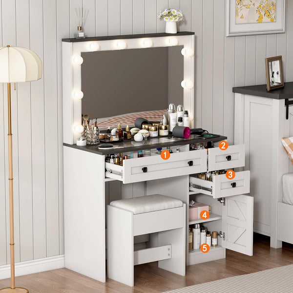 35.4" Makeup Vanity Desk with Mirror and Light,Glass Tabletop Farmhouse White Vanity with Power Outlet & 3 Drawers, 3 Color Lighting Mode, Bedroom Vanity Desk for Girl, Women