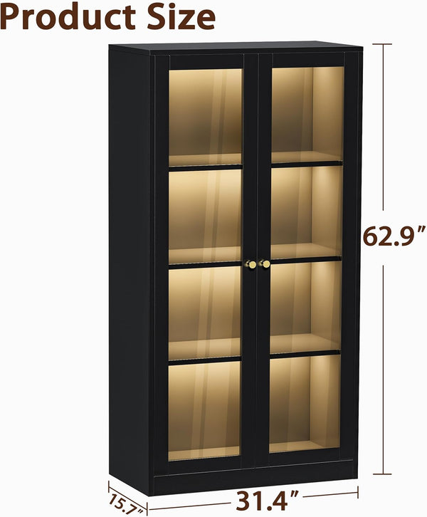 63'' Display Cabinet, Glass Display Cabinet with LED Light, 3 Adjustable Shelves