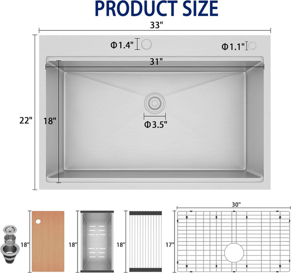 33 x 22 Inch Drop in Kitchen Sink, Pipleo 16 Gauge Stainless Steel Kitchen Sinks, 9 inch Deep Single Bow Kitchen Sink with Cutting Board, Colander, Roll-Up Rack, Workstation Sink for Kitchen