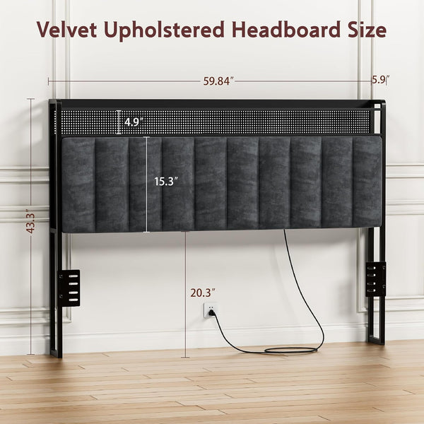 Akaber Queen Size Headboard only, Upholstered Headboard for Bed with Hidden Storage and Charging Station, LED Lights, Adjustable, Easy Assembly, Black (Queen (U.S. Standard))