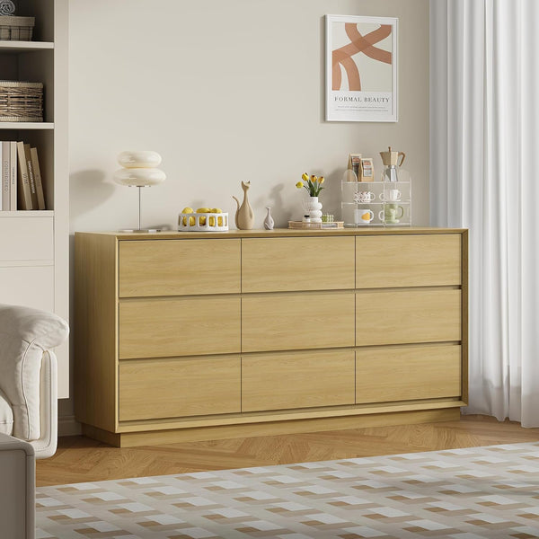 Akaber US 63'' Wooden Dresser for Bedroom, Large Dresser with 9 Deep Chests of Drawers for Bedroom, Living Room, Closet