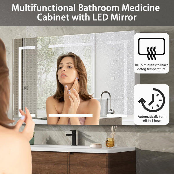 Medicine Cabinet with LED Mirror for Bathroom, 30''x48'' Aluminum, Wall Mounted Surface led Medicine Cabinet, Defog, Stepless Dimming, 3 Color Change, 2 Outlets, 2USB