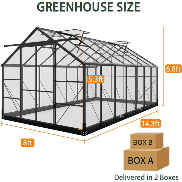 Pipleo 8x14.2 FT Outdoor Greenhouse, Heavy Duty Walk-In Green House with Polycarbonate Panels, UV Protection & Windproof Aluminum Frame, 2 Adjustable Roof Vent with Sliding Door