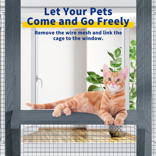 Catio, Large Outdoor Cat Enclosures, Fir Wooden Outdoor Cat House with 7 Platforms, 2 Resting Room, Cat House with Waterproof, UV Protection Roof, 61.8''L* 32.3''W* 70''H