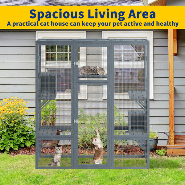 Catio, Large Outdoor Cat Enclosures, Fir Wooden Outdoor Cat House with 7 Platforms, 2 Resting Room, Cat House with Waterproof, UV Protection Roof, 61.8''L* 32.3''W* 70''H