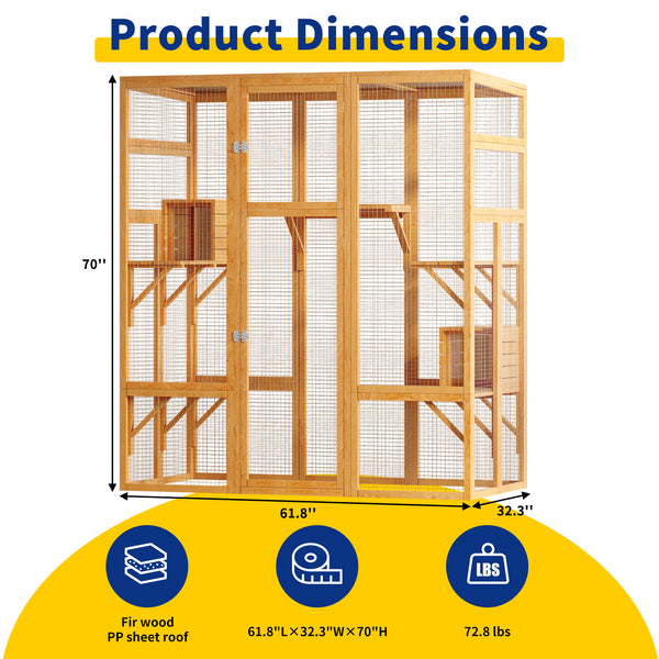 Catio, Large Outdoor Cat Enclosures, Fir Wooden Outdoor Cat House with 7 Platforms, 2 Resting Room, Cat House with Waterproof, UV Protection Roof, 61.8''L* 32.3''W* 70''H