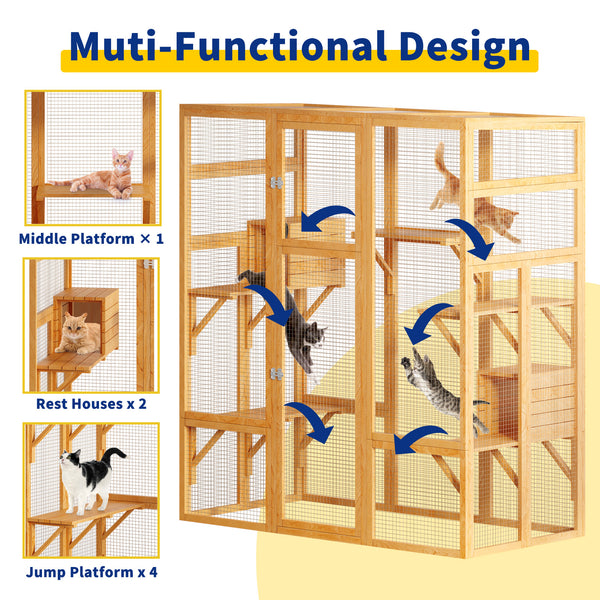 Catio, Large Outdoor Cat Enclosures, Fir Wooden Outdoor Cat House with 7 Platforms, 2 Resting Room, Cat House with Waterproof, UV Protection Roof, 61.8''L* 32.3''W* 70''H