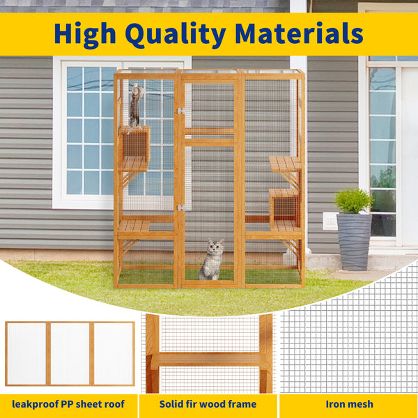 Catio, Large Outdoor Cat Enclosures, Fir Wooden Outdoor Cat House with 7 Platforms, 2 Resting Room, Cat House with Waterproof, UV Protection Roof, 61.8''L* 32.3''W* 70''H
