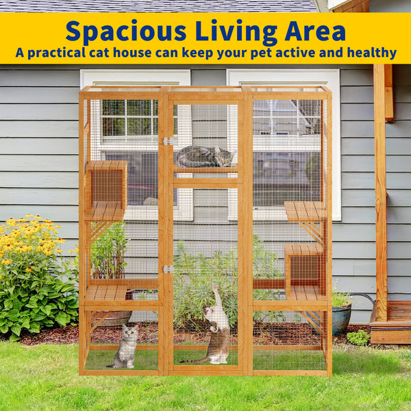 Catio, Large Outdoor Cat Enclosures, Fir Wooden Outdoor Cat House with 7 Platforms, 2 Resting Room, Cat House with Waterproof, UV Protection Roof, 61.8''L* 32.3''W* 70''H