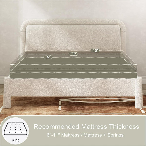 Akaber King Bed Frame, Upholstered Bed Frame with Rounded Corners, Boucle Soft Cloud Bed Frame in Modern Style, Noise-Free Structure, Easy Assembly, Cream