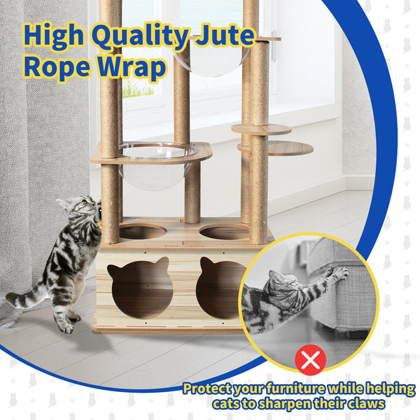 Cat Tree, Wooden Cat Tower with Scratching Post, 71'' Tall Cat Tree, Modern Large Cat Tower with 14 Scratching Posts, 3 Space Capsules, 2 Caves, Cat Trees for Indoor Large Cats