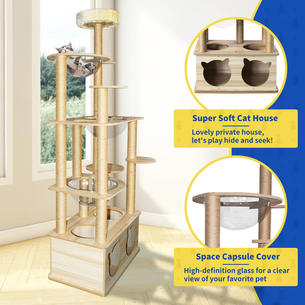 Cat Tree, Wooden Cat Tower with Scratching Post, 71'' Tall Cat Tree, Modern Large Cat Tower with 14 Scratching Posts, 3 Space Capsules, 2 Caves, Cat Trees for Indoor Large Cats