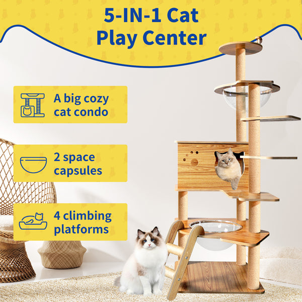 Cat Tree, Modern Cat Tower, 6 Multi-Level Jumping Platforms Tall Cat Tower, Wooden Cat Tree with 12 Scratching Posts, Space Capsules, Condo, Climbing Step, 59.6'' Cat Trees for Indoor Large Cats
