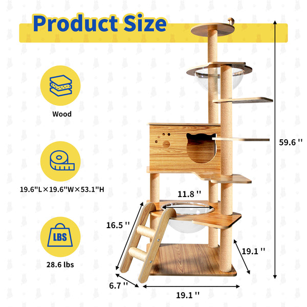 Cat Tree, Modern Cat Tower, 6 Multi-Level Jumping Platforms Tall Cat Tower, Wooden Cat Tree with 12 Scratching Posts, Space Capsules, Condo, Climbing Step, 59.6'' Cat Trees for Indoor Large Cats