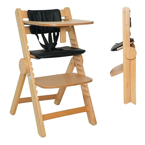 Wooden High Chair for Babies and Toddlers, Adjustable High and Width Baby High Chair, Easy Folding High Chair with Removable Wood Tray, Water Resistant Cushion