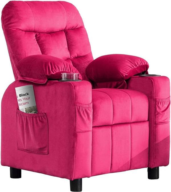 Kids Recliner, Toddlers Kids Recliner Chair with Cup Holder, Ergonomic Adjustable Velvet Lounge Chair with Footrest & Side Pockets, Toddlers Kids Baby Sofa for Boys and Girls Bedroom