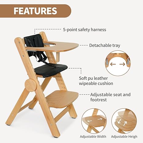 Wooden High Chair for Babies and Toddlers, Adjustable High and Width Baby High Chair, Easy Folding High Chair with Removable Wood Tray, Water Resistant Cushion