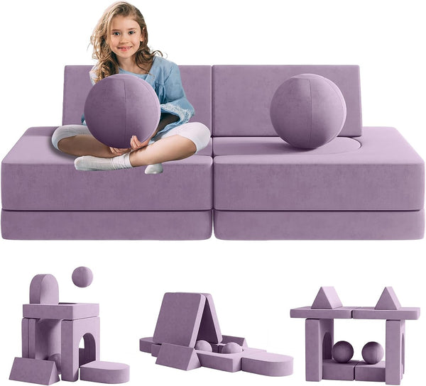 Kids Couch 9pcs, Kids Sofa with Spherical Module and Tunnel Elements, Flip out sofa