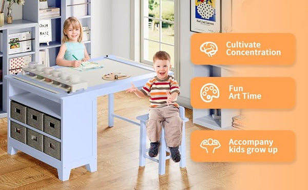 Kids Art Table and Chair Set, Kids Craft Table with Two Chairs, Storage Shelves, Canvas Bins, Wooden Children Study Desks, Kids Desk and Chair Set for Drawing and Painting