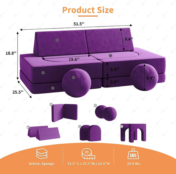 Kids Couch 9pcs, Kids Sofa with Spherical Module and Tunnel Elements, Flip out sofa