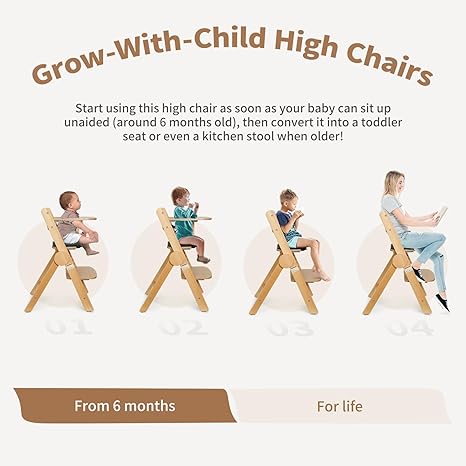Wooden High Chair for Babies and Toddlers, Adjustable High and Width Baby High Chair, Easy Folding High Chair with Removable Wood Tray, Water Resistant Cushion
