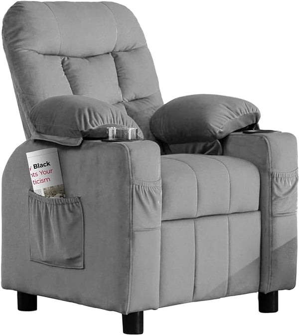Kids Recliner, Toddlers Kids Recliner Chair with Cup Holder, Ergonomic Adjustable Velvet Lounge Chair with Footrest & Side Pockets, Toddlers Kids Baby Sofa for Boys and Girls Bedroom