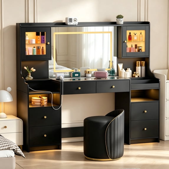 Pipleo 62" Large White Vanity Desk with Glass Top, Makeup Vanity with Mirror and LED Lights, One Piece Controls 3 Lighting Modes, 4 Drawers Vanity with 2 Cabinets and Power Outlet for Women, Girls（副本）
