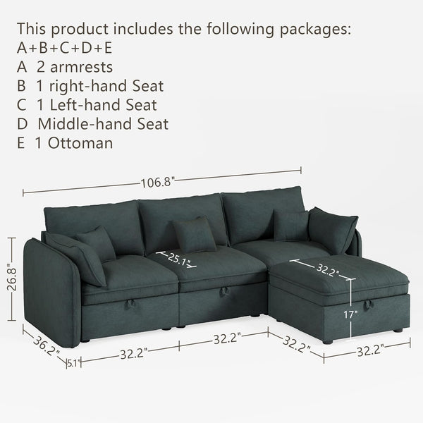 Akaber Modular Sectional Sofa, 107 Inch L Shaped Couch with Movable Storage Ottoman, 25 Inch Deep Seat, Cloud Couches for Living Room, Grayish Green