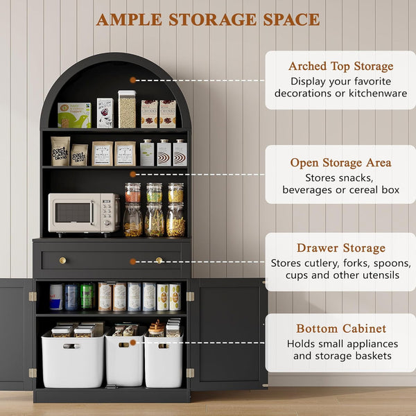 Akaber US 71" Tall Arched Kitchen Pantry Cabinet, Modern Kitchen Storage Cabinets with Hidden Drawer and Spacious Countertop, Wooden Storage Pantry Cabinet for Living Room, Dining Room, Black