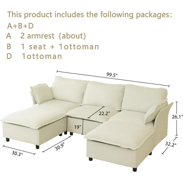 Akaber 100" U-Shaped Cloud Sectional Sofa, Modular Velvet Convertible Sofa Bed with Storage,Plush Living Room Couch (Beige)