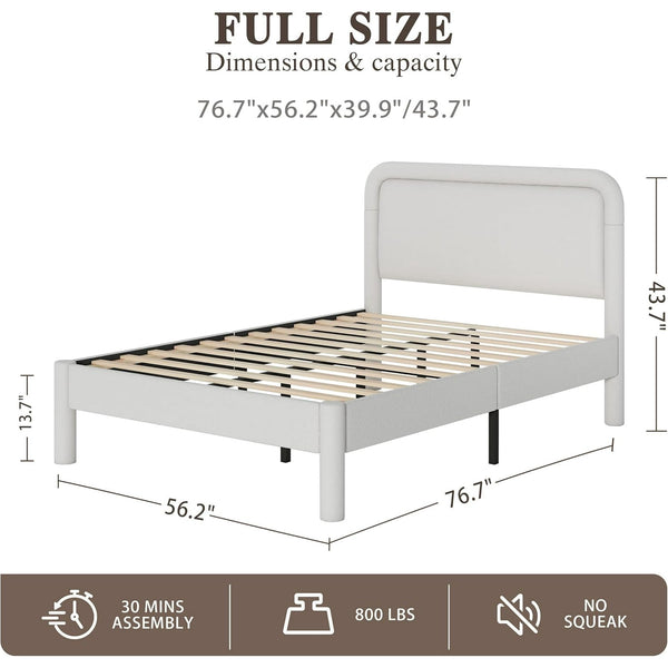 Wanan Full Bed Frame, Upholstered Bed Frame with Rounded Corners, Soft Cloud Bed Frame in Modern Style, Noise-Free Structure, Easy Assembly, Cream