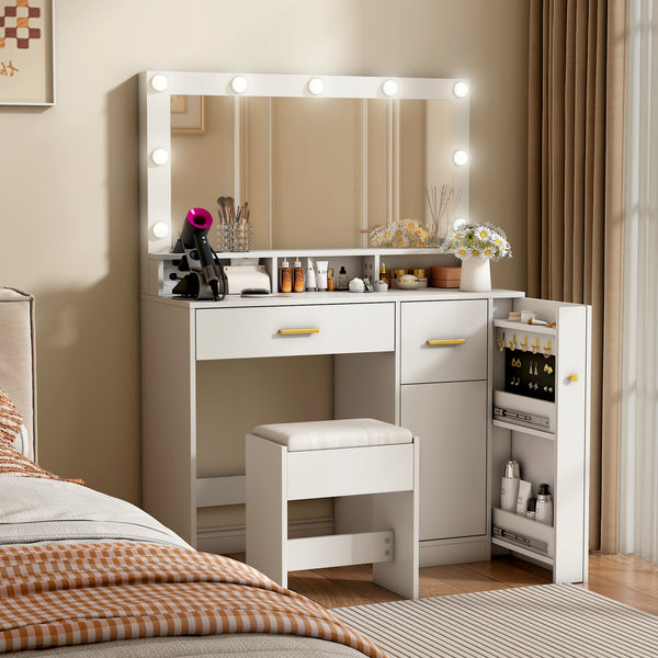 Makeup Vanity Desk with Lights and Mirror, 40.6'' White Vanity with 2 Drawers&Power Outlet, 3 Color Lighting Mode, Sliding Jewelry Storage, Bedroom Vanity Desk for Women, Girls