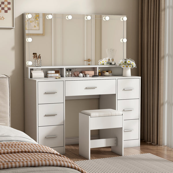 Makeup Vanity Desk with Lights and Mirror, 46.5'' White Vanity with 7 Drawers&Power Outlet, 3 Color Lighting Modes Adjustable Brightness, Bedroom Vanity Desk for Women, Girls
