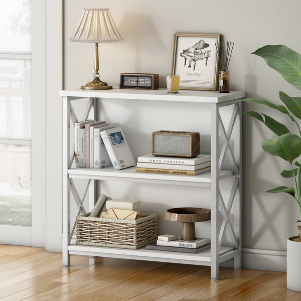 3-Tier Bookshelf, Farmhouse Small Bookshelf with X-Style Frame,FreeStanding Storage Bookcase for Entryway Living Room Home Office