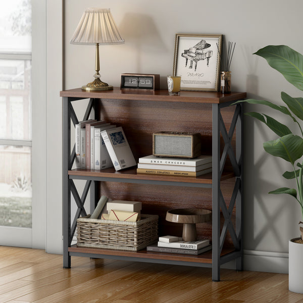 3-Tier Bookshelf, Farmhouse Small Bookshelf with X-Style Frame,FreeStanding Storage Bookcase for Entryway Living Room Home Office