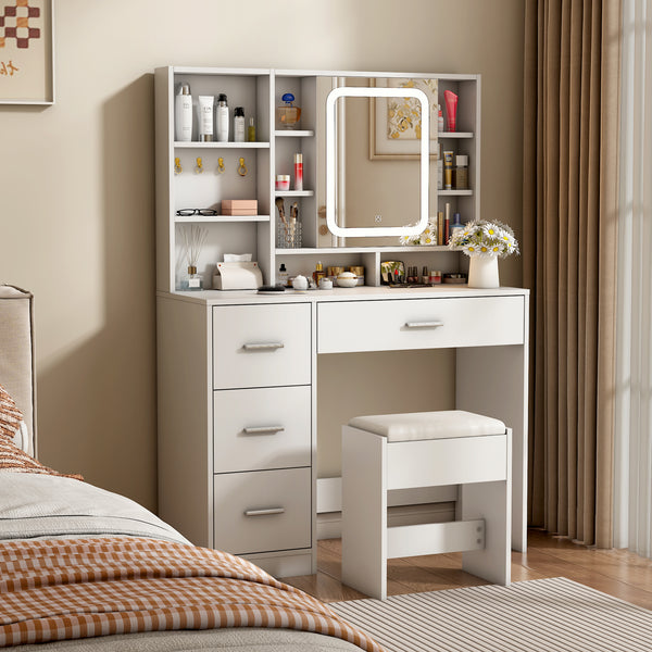 Makeup Vanity Desk with Lights and Mirror, 38.6" Modern White Vanity with 3 Drawers, 3 Color Lighting Mode, Bedroom Vanity Desk for Women, Girls